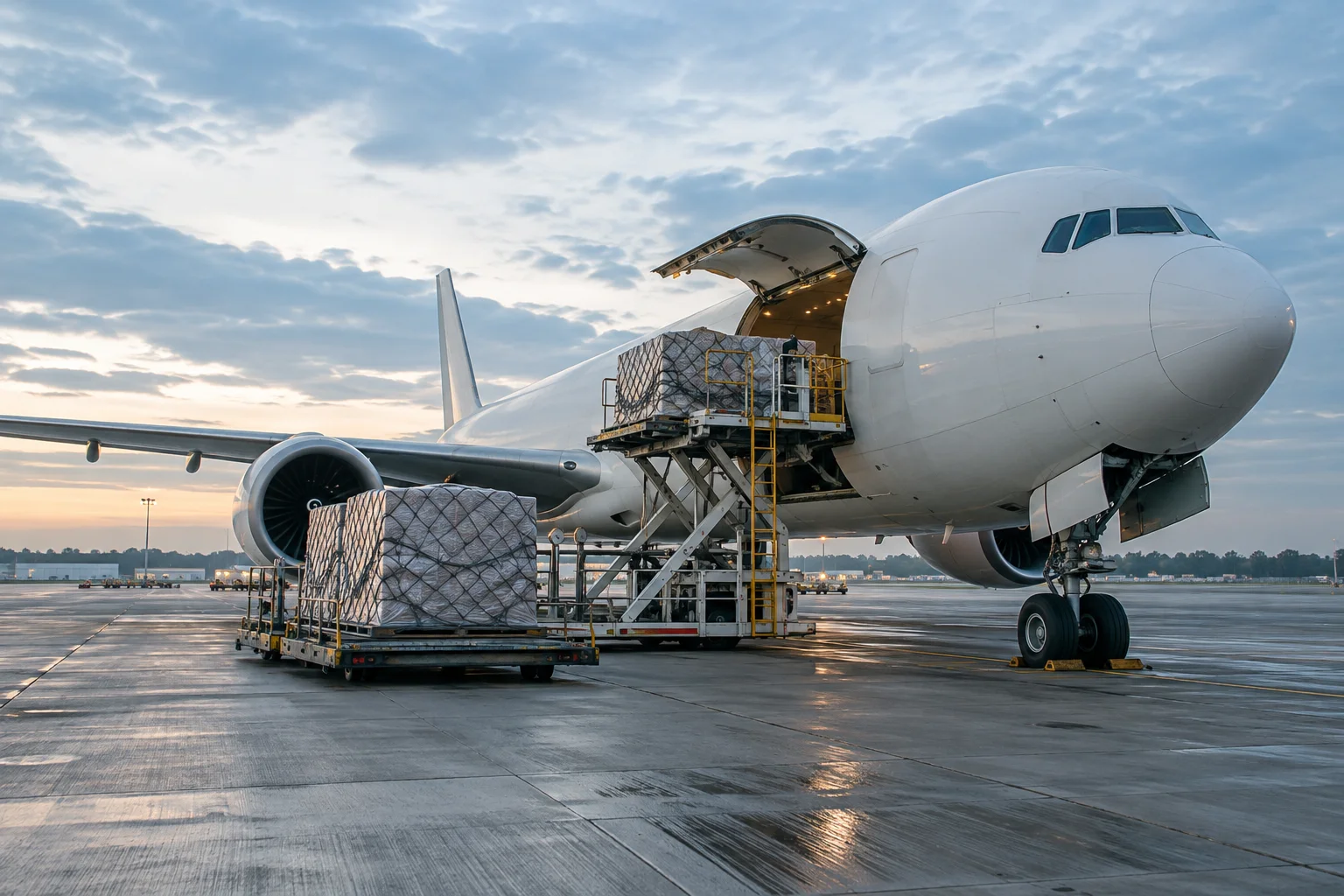 Cargo aircraft and loading equipment on an airport apron